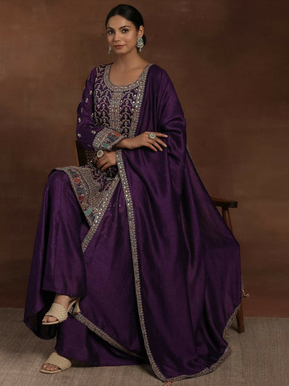 Women's LB Adaa Purple Embroidered Silk Blend Straight Kurta With Palazzos & Dupatta