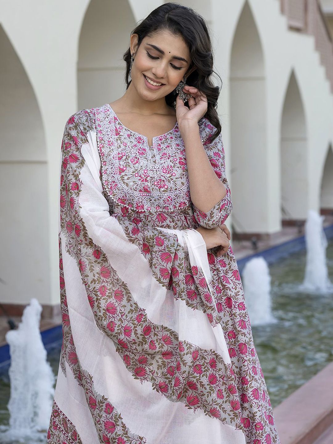 Dhiyona KL Floral Printed Mirror Work Anarkali Pure Cotton Kurta With Trousers & Dupatta