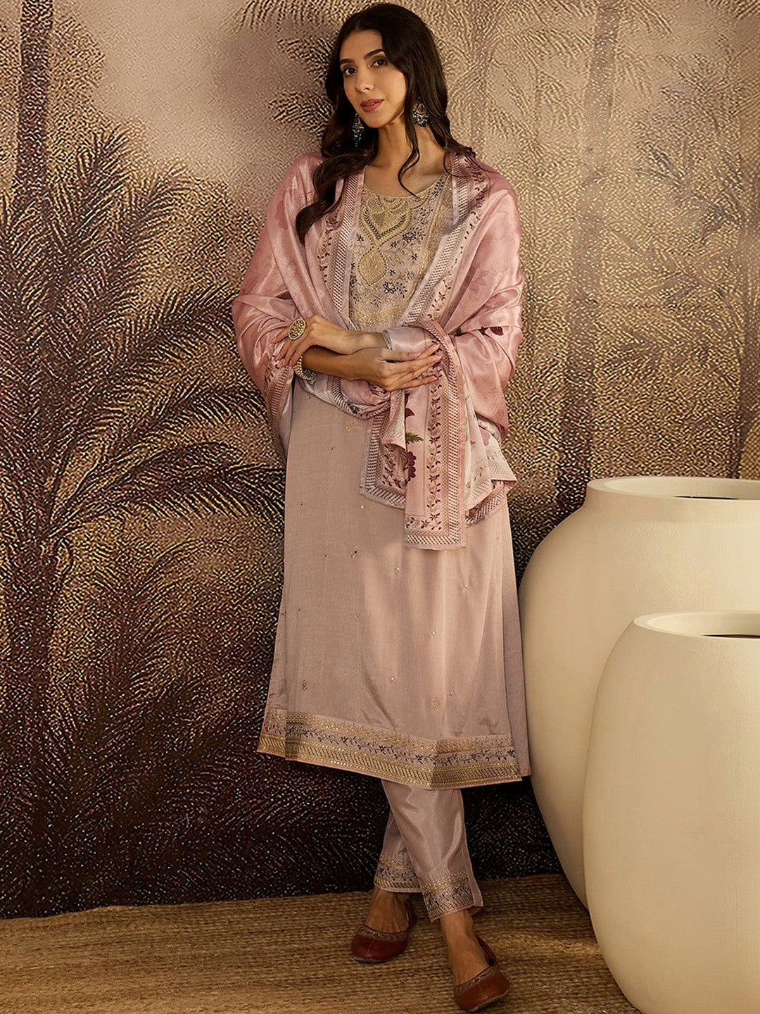 Embroidered Round Neck Straight Kurta & Trousers With Dupatta