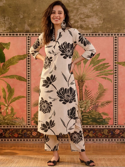 Printed Pure Cotton Mandarin Collar Kurta & Trousers