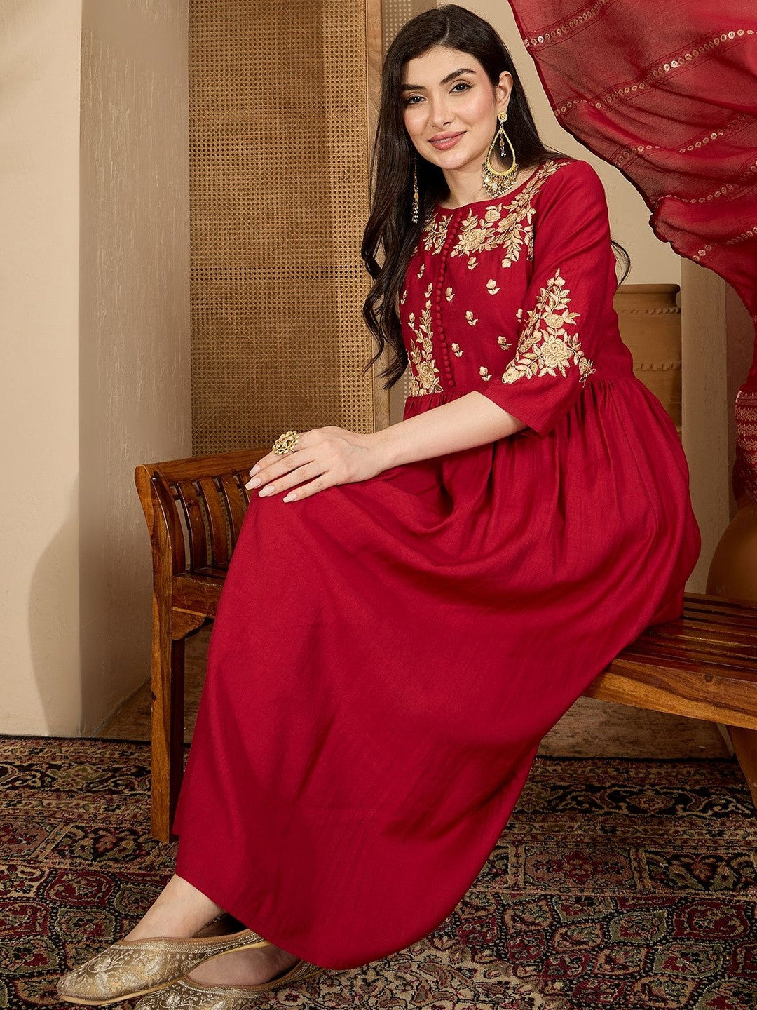 Floral Embroidered Empire A Line Kurta With Trousers & Dupatta