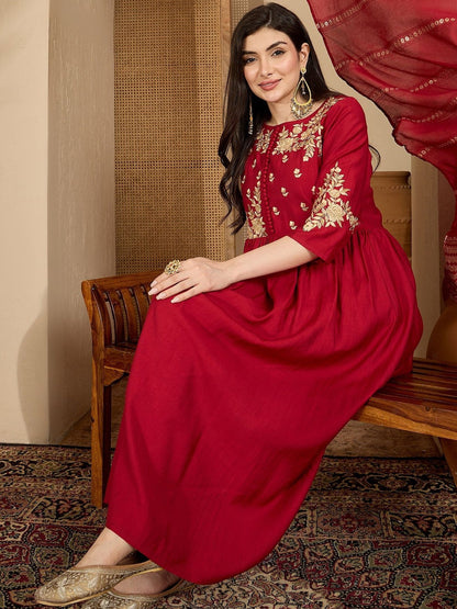 Floral Embroidered Empire A Line Kurta With Trousers & Dupatta