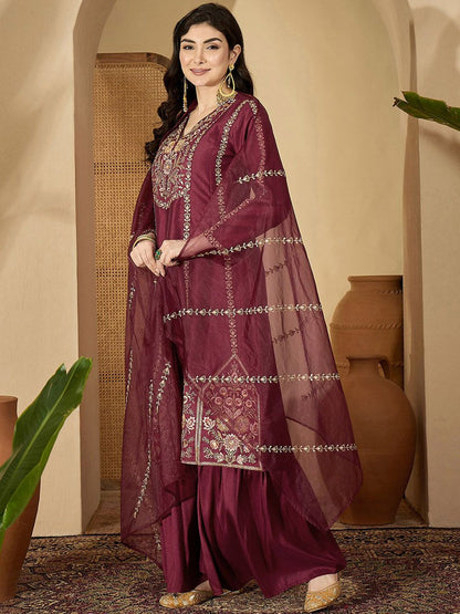Dhiyona SN Women Ethnic Motifs Embroidered Zari Kurta With Sharara & Dupatta