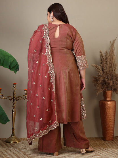 Dhiyona IN Plus Size Floral Embroidered Sequinned Kurta with Palazzos & Dupatta