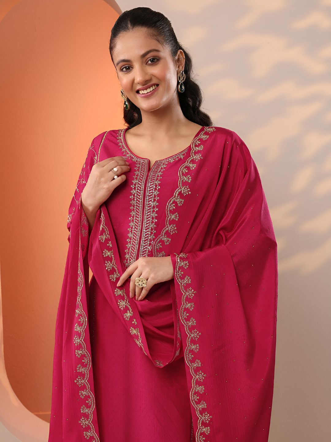Floral Embroidered Thread Work Kurta With Trousers & Dupatta