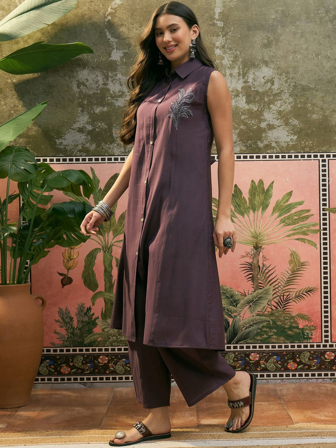 Shirt Collar A-Line Kurta & Trousers