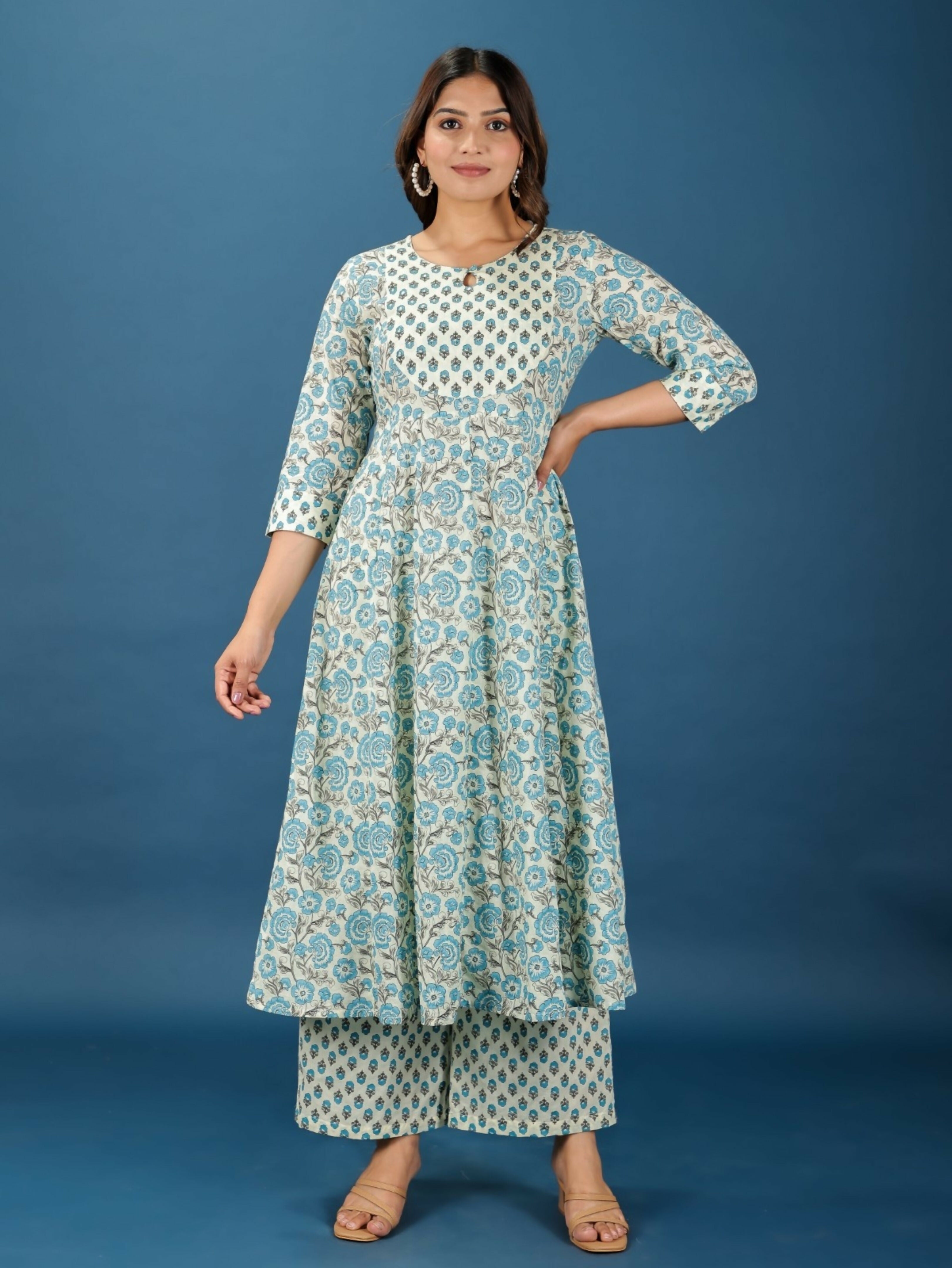 Women's Anarkali Soft Cotton Floral Print Women's Kurta Set - Off White