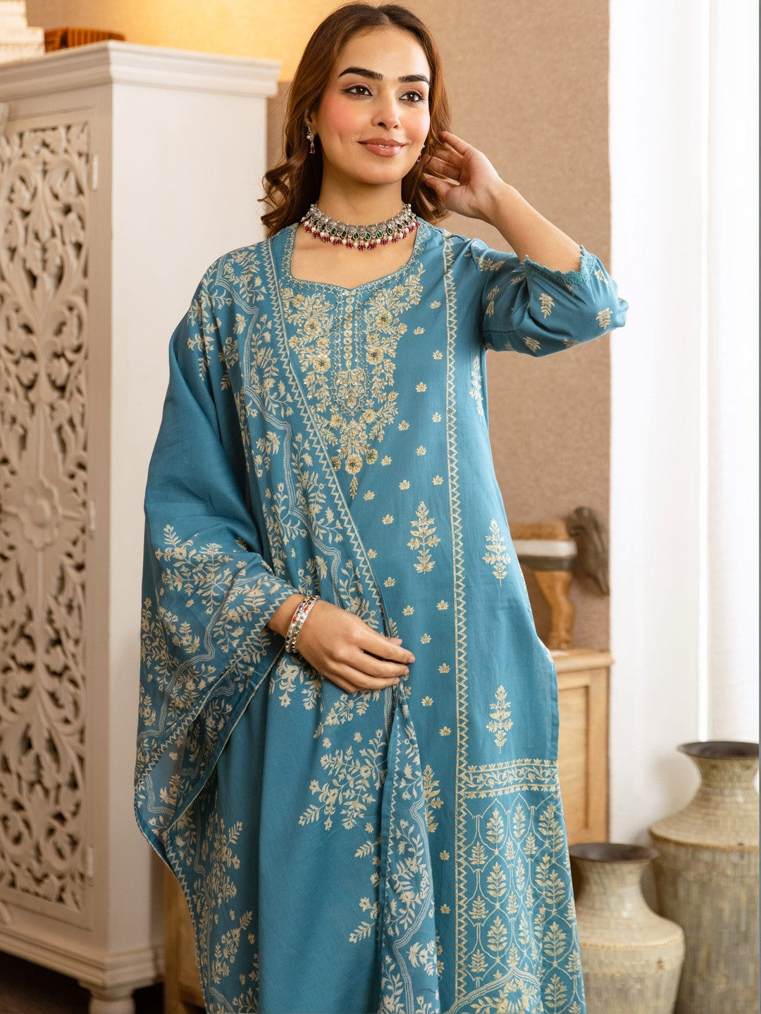 Printed Cotton Sweetheart Neck Kurta & Trousers with Dupatta