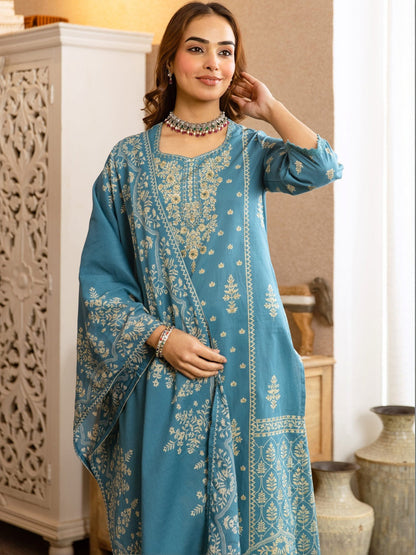 Printed Cotton Sweetheart Neck Kurta & Trousers with Dupatta