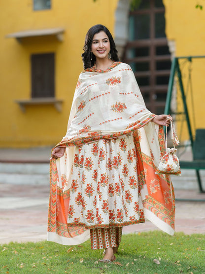 Dhiyona RR Women's Floral Printed Thread Work Pure Cotton Kurta With Trousers & Dupatta