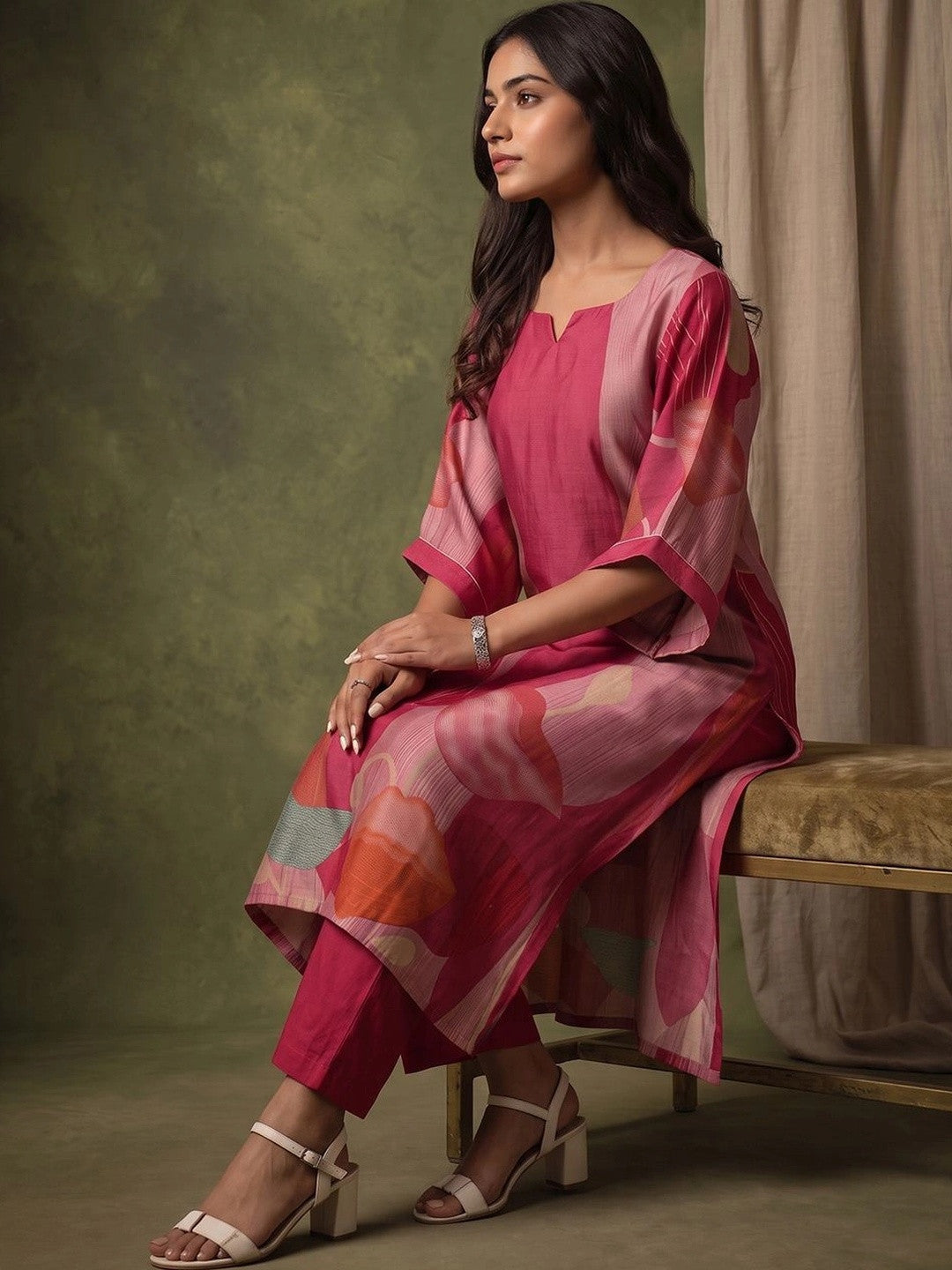Women Printed Regular Chanderi Silk Kurta with Trousers