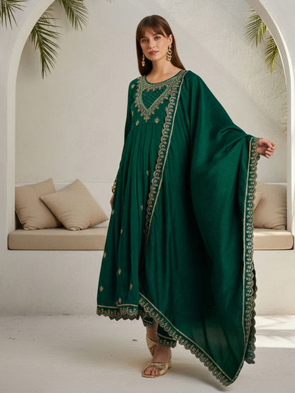 Dhiyona CH Women Ethnic Motifs Embroidered Panelled Thread Work Kurta with Trousers & With Dupatta
