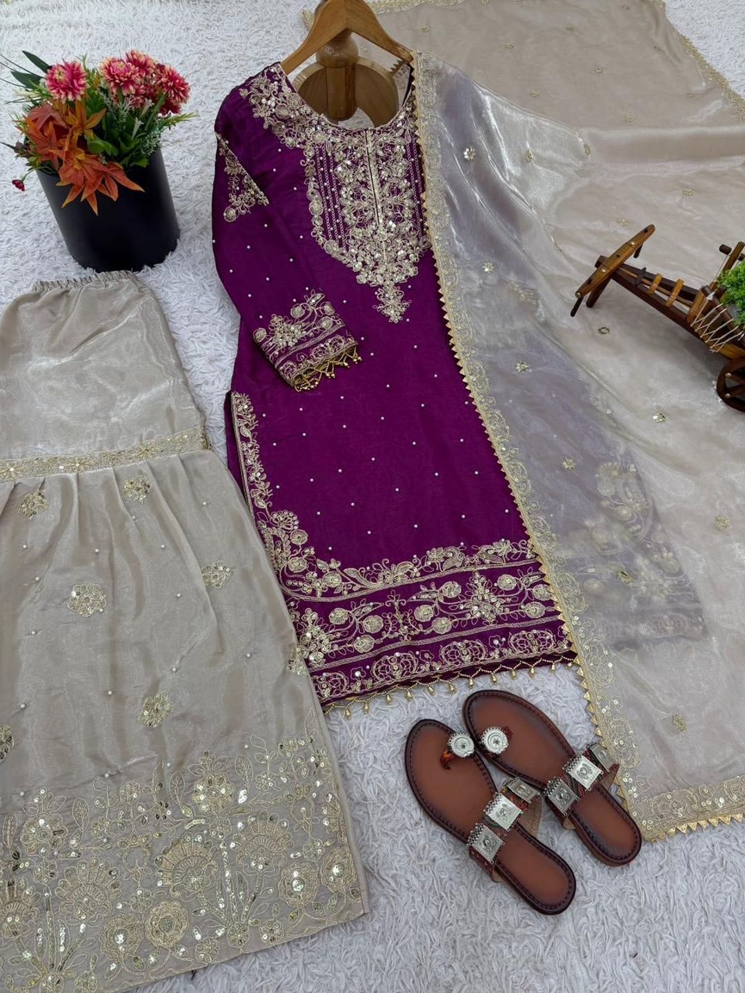 Dhiyona KL Women Ethnic Motifs Embroidered Regular Thread Work Kurta with Sharara & With Dupatta