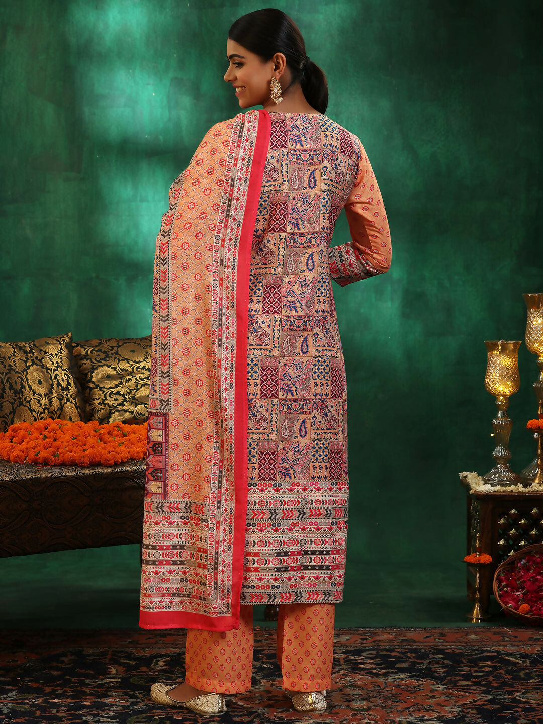 Women's LB Multicoloured Printed Linen Straight Suit With Dupatta