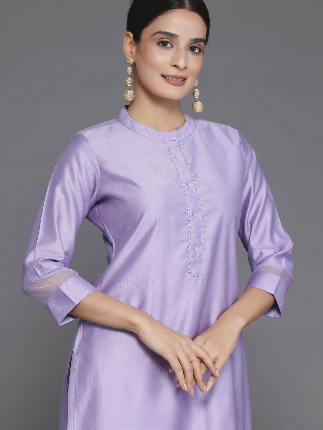 Women's LB Lavender Solid Silk Blend Straight Suit With Dupatta