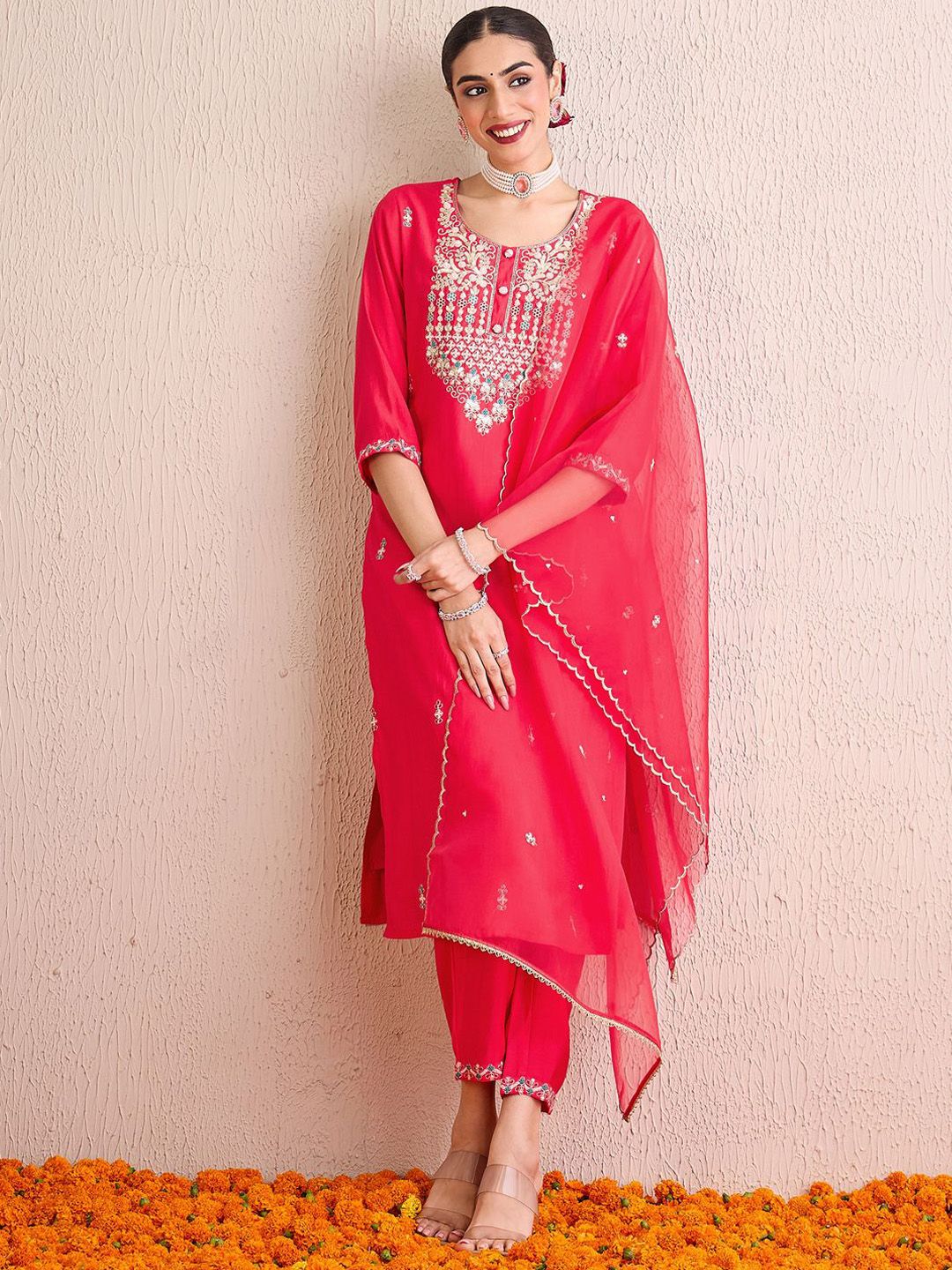 Dhiyona IE Women Embroidered Regular Sequinned Kurta with Trousers & With Dupatta