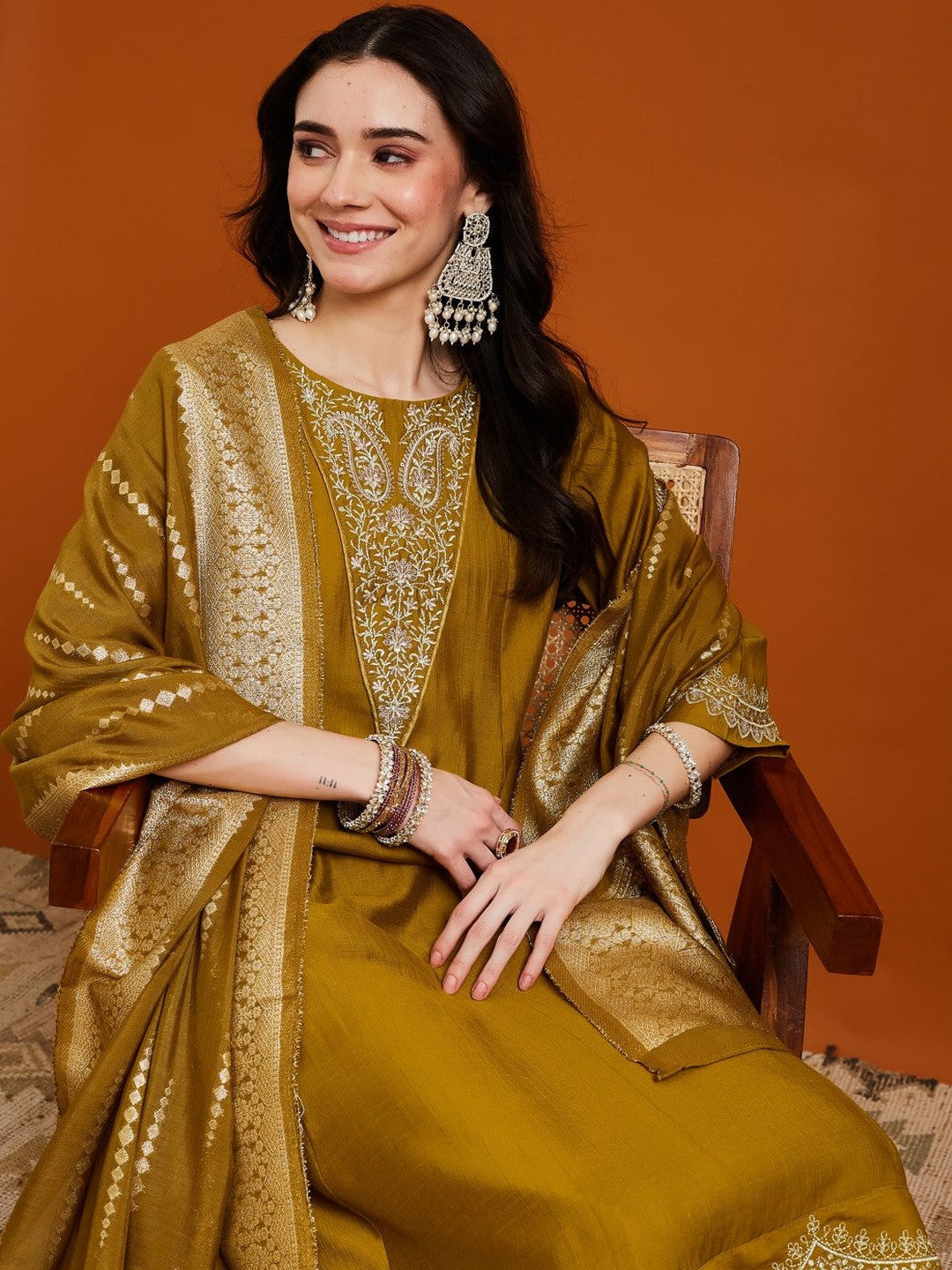Embroidered Round Neck Kurta & Trousers With Dupatta