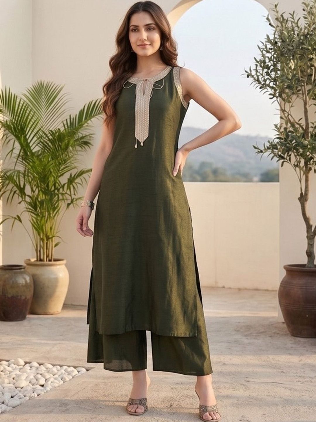 Olive Women Ethnic Motifs Regular Kurta with Palazzos & With Dupatta