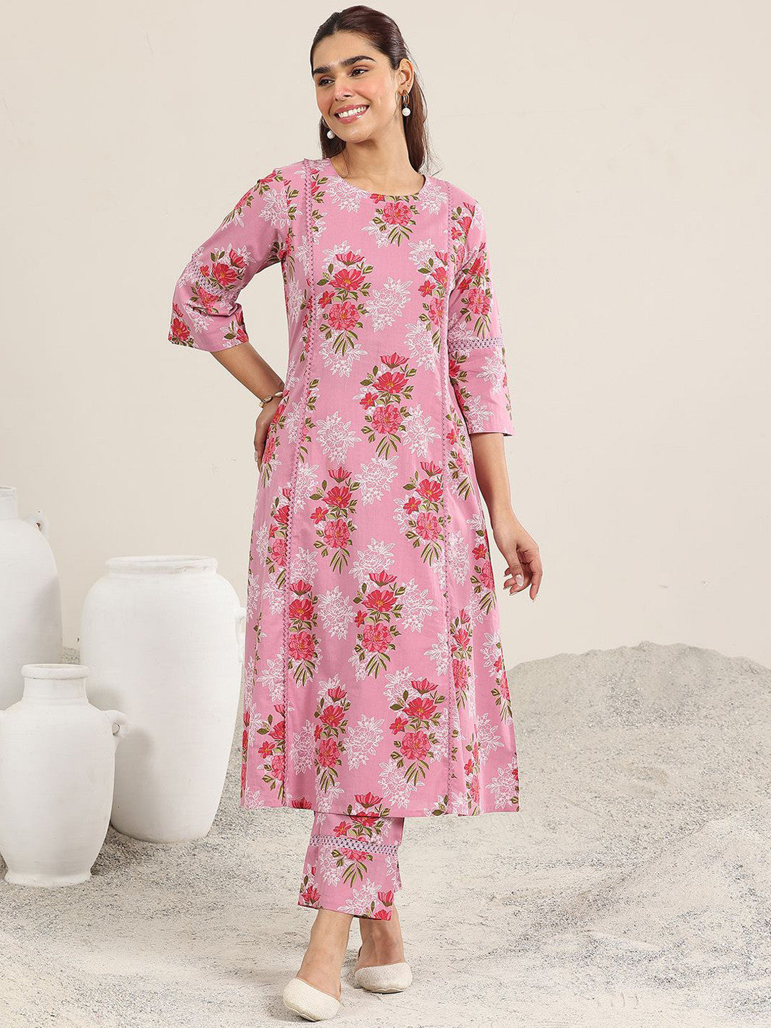 Floral Printed Round Neck A-line Kurta With Trousers