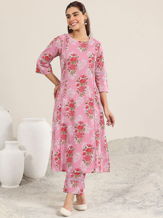 Floral Printed Round Neck A-line Kurta With Trousers