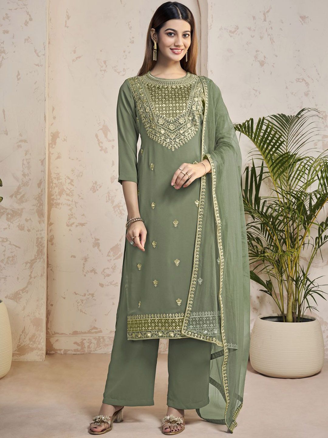 Dhiyona IN Women Floral Yoke Design Regular Sequinned Kurta with Palazzos & With Dupatta