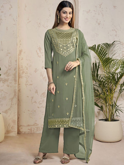 Dhiyona IN Women Floral Yoke Design Regular Sequinned Kurta with Palazzos & With Dupatta