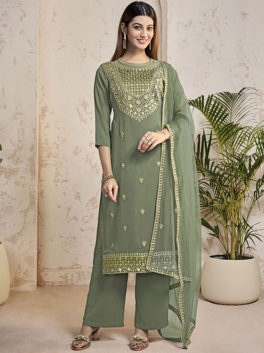 Dhiyona IN Women Floral Yoke Design Regular Sequinned Kurta with Palazzos & With Dupatta