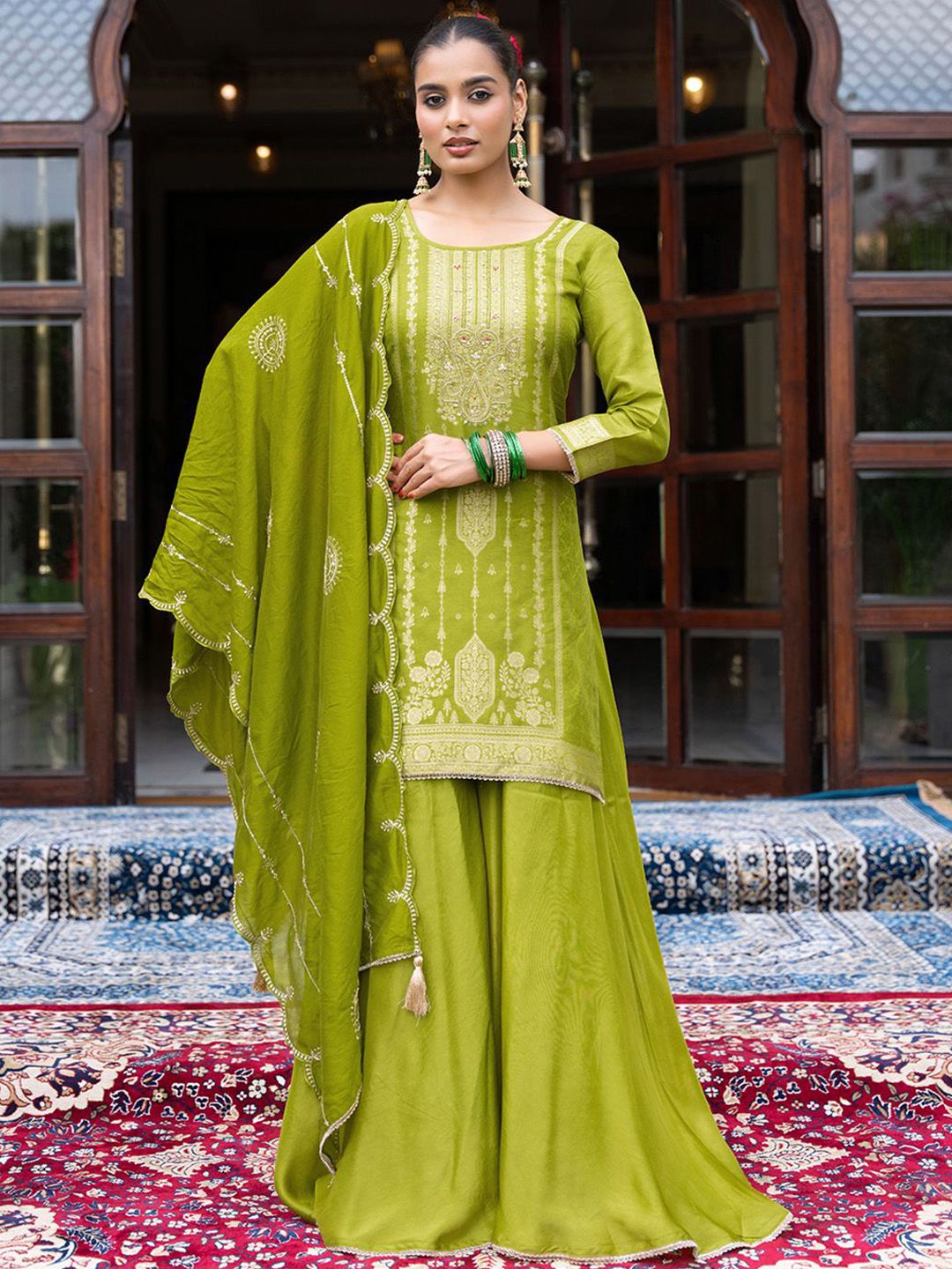 Dhiyona CH Ethnic Motifs Embroidered Thread Work Straight Kurta With Palazzos & Dupatta