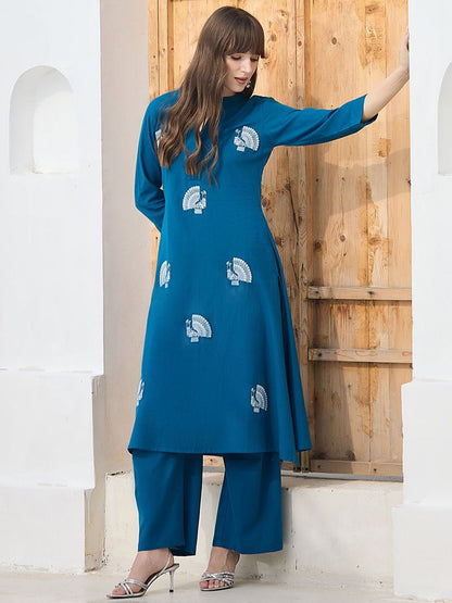 Dhiyona IE Floral Embroidered Pure Cotton Mandarin Collar Tunic With Trousers