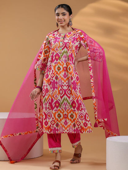 Dhiyona RR Women's Ethnic Motifs Printed Pure Cotton Straigt Kurta With Trousers & Dupatta