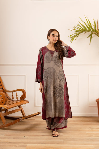 Karen Burgundy printed kurta pant set