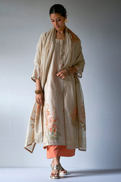 Women's Beige Woven Kurta Suit Set With Delicate Hand Work Detailing and Embroidery Placket