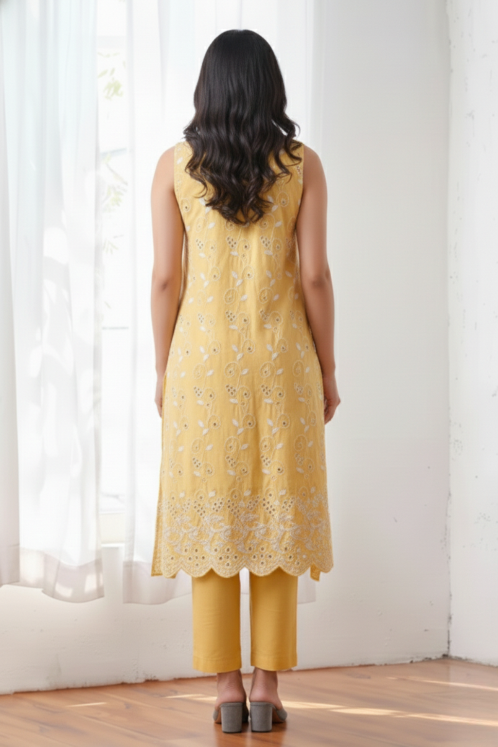 Dhiyona ST 2 Pc Set - Sunshine Yellow Cotton Allover Embroidered Schffli Sleeveless Kurta with Pants