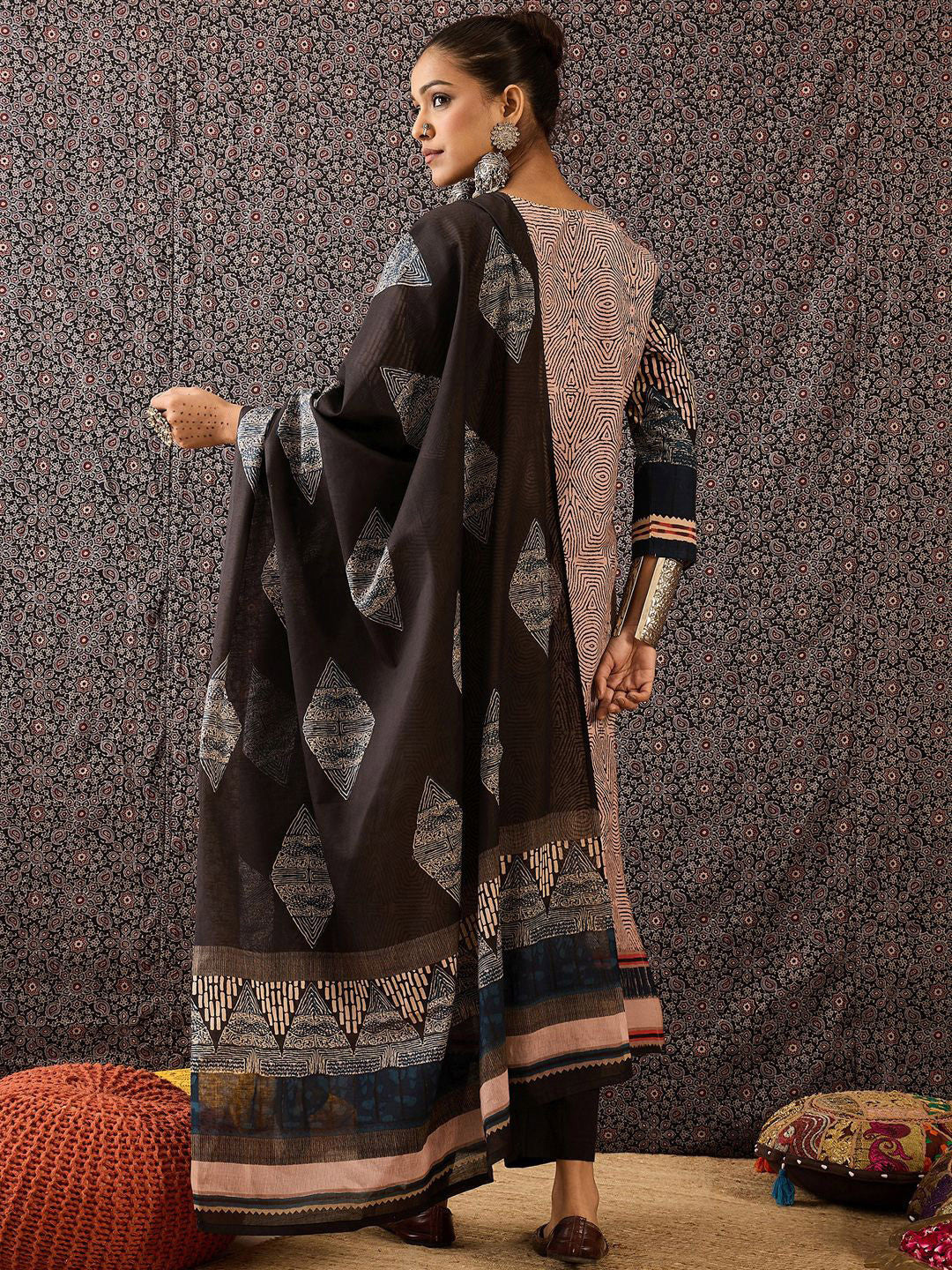 Women Ethnic Motifs Printed Regular Beads and Stones Pure Cotton Kurta with Trousers & With Dupatta