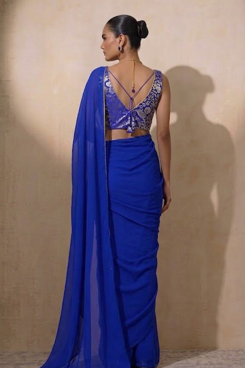 Dhiyona ST With Stitched Blouse - Blue Brocade Blouse with Royal Blue Chiffon Saree (Blouse has sleeve attached)