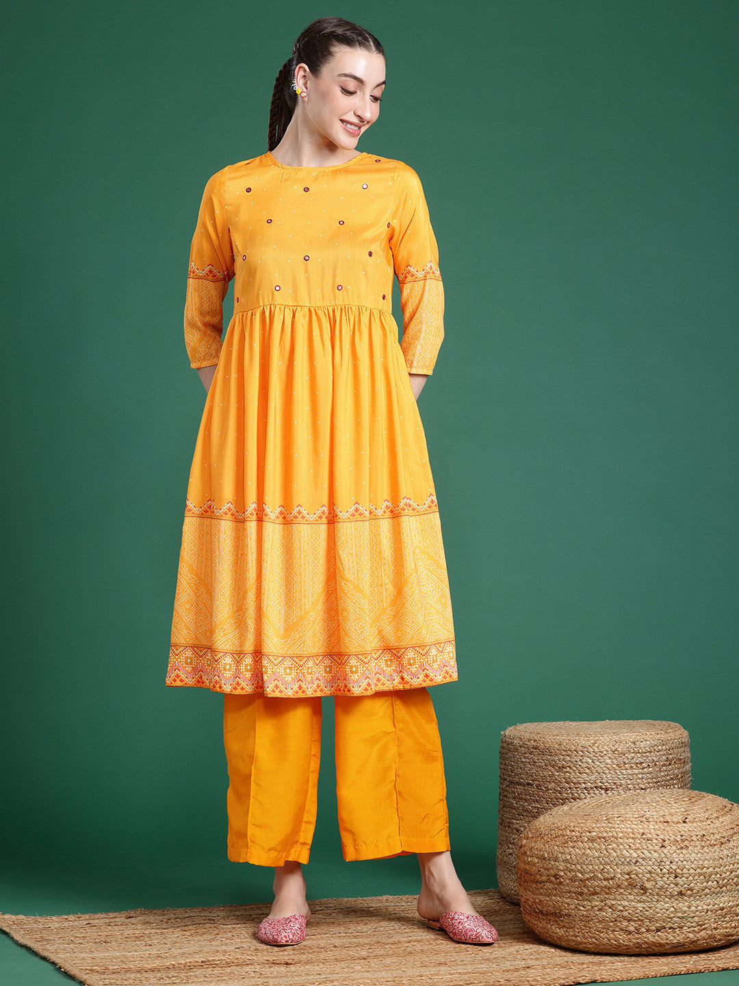 Bandhani Printed Mirror Work Kurta with Palazzos