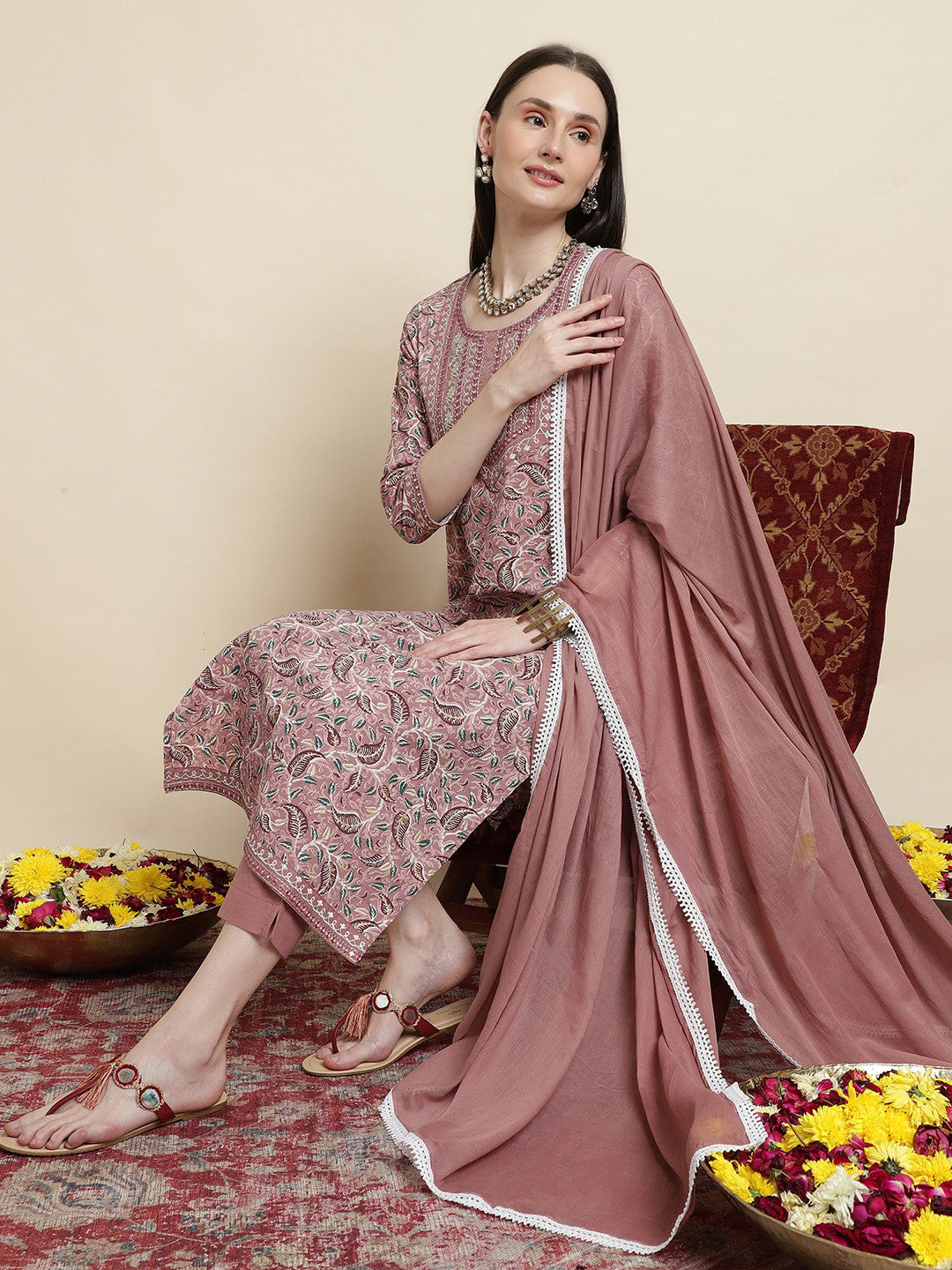 Dhiyona SN Floral Printed Pure Cotton Round Neck Kurta With Trousers & Dupatta