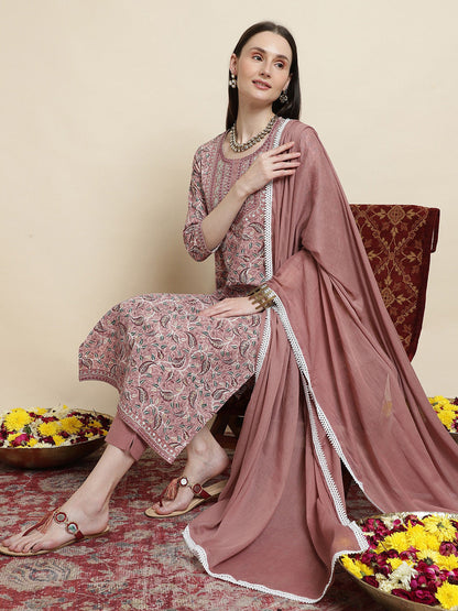 Floral Printed Pure Cotton Round Neck Kurta With Trousers & Dupatta
