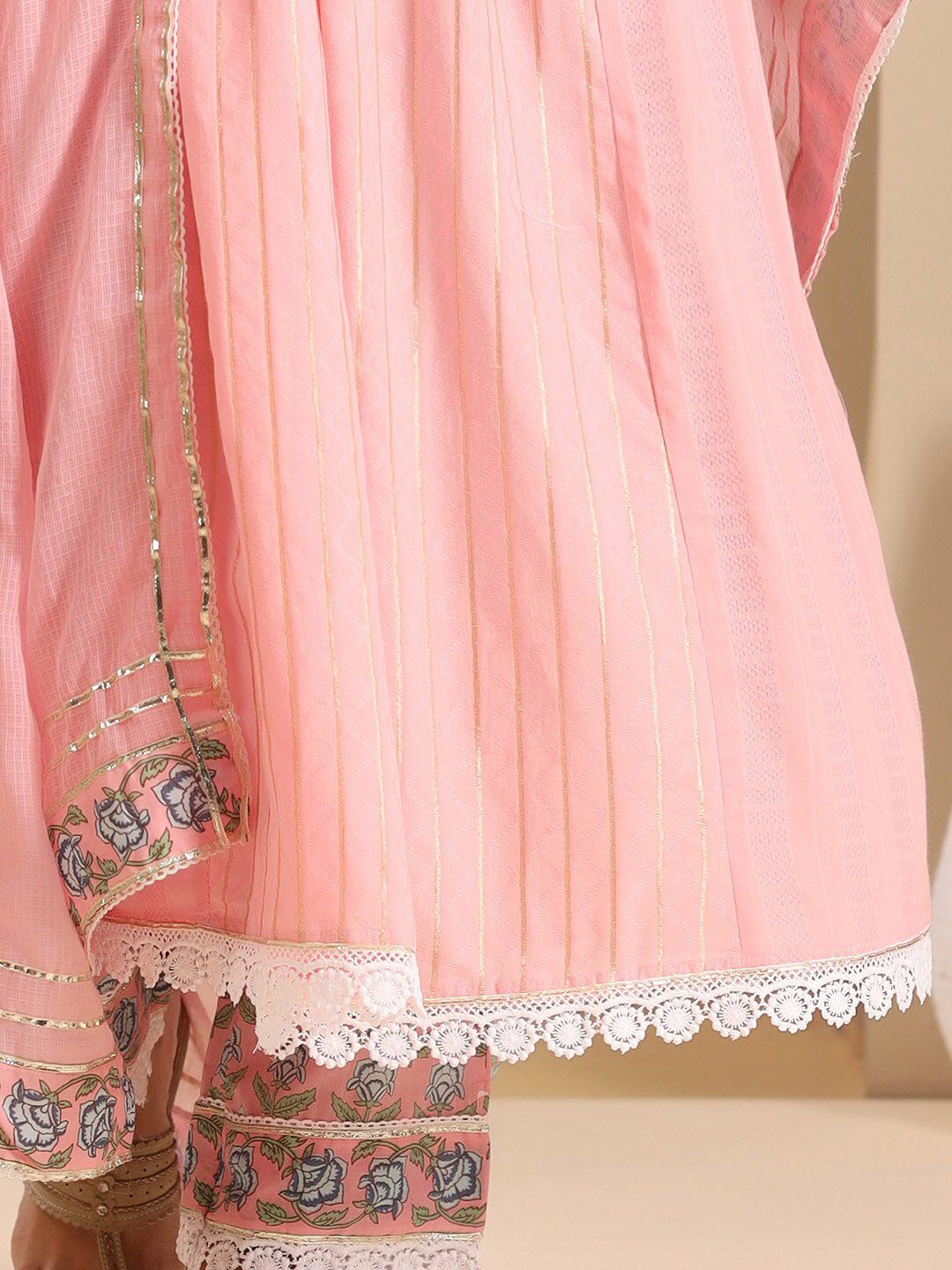 Dhiyona IS Women's Floral Yoke Design Pleated Empire Kurta with Trousers & Dupatta