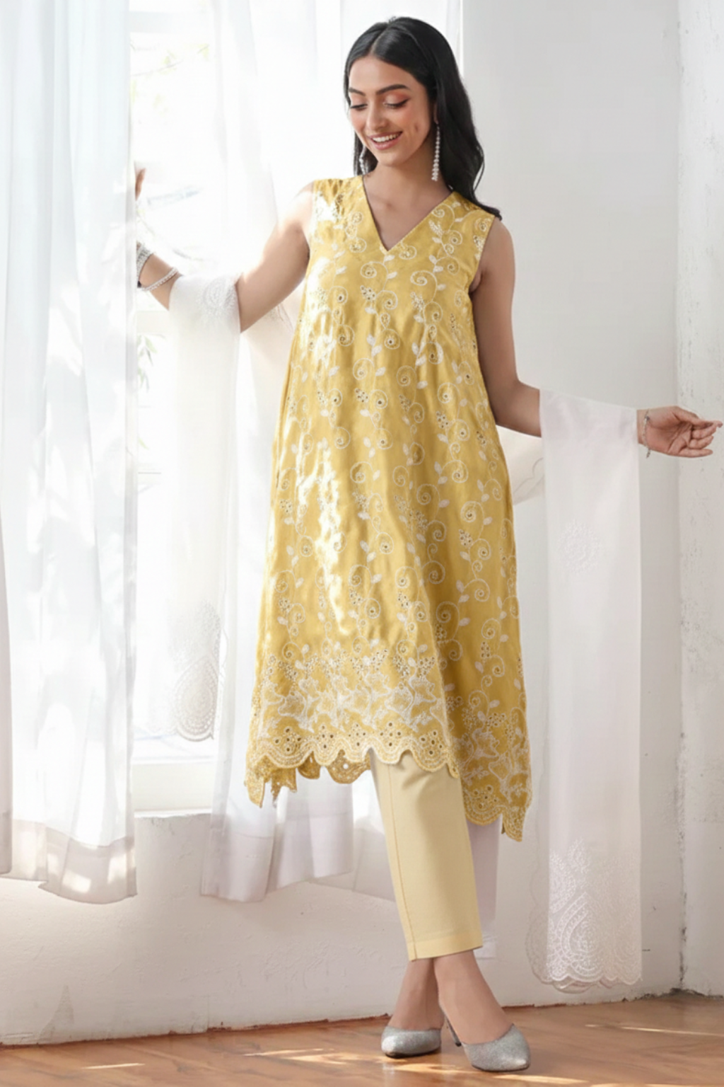 Dhiyona ST 2 Pc Set - Sunshine Yellow Cotton Allover Embroidered Schffli Sleeveless Kurta with Pants