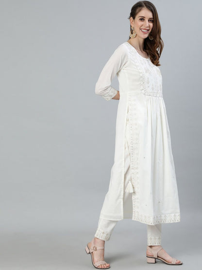 Dhiyona IS Women's Women Off White Ethnic Motifs Embroidered Pure Cotton Kurta with Trousers