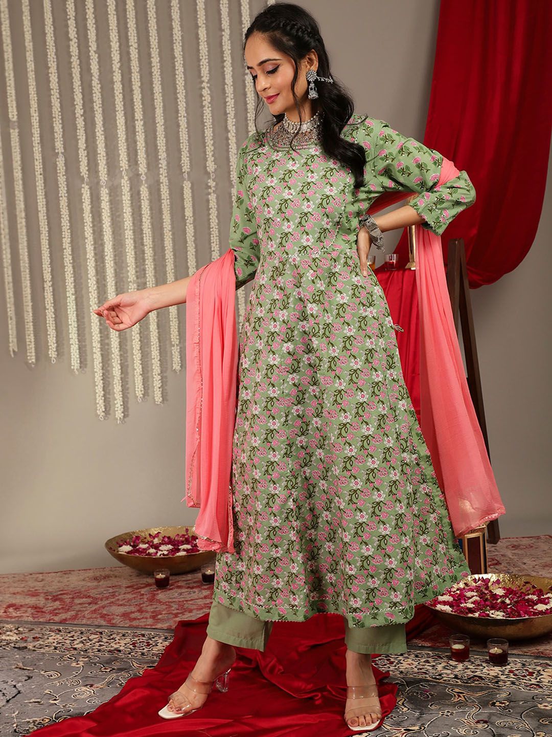 Dhiyona VA Women'sEthnic Motifs Printed Pure Cotton Regular Kurta with Trousers & With Dupatta