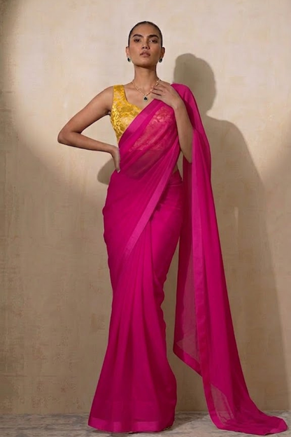Dhiyona ST With Stitched Blouse - Yellow Brocade Blouse with Pink Chiffon Saree (Blouse has sleeve attached)