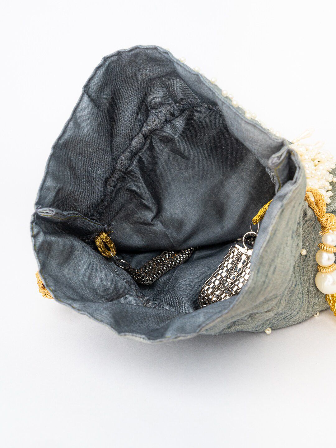 Dhiyona NR Grey & White Embroidered Potli Clutch