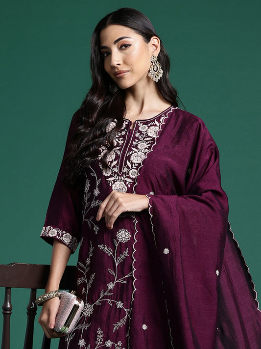 Floral Embroidered Sequinned Kurta With Trousers & Dupatta