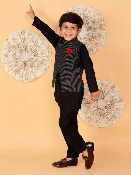 Boys Printed Cotton Kurta Pyjama Jacket Set