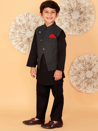 Boys Printed Cotton Kurta Pyjama Jacket Set