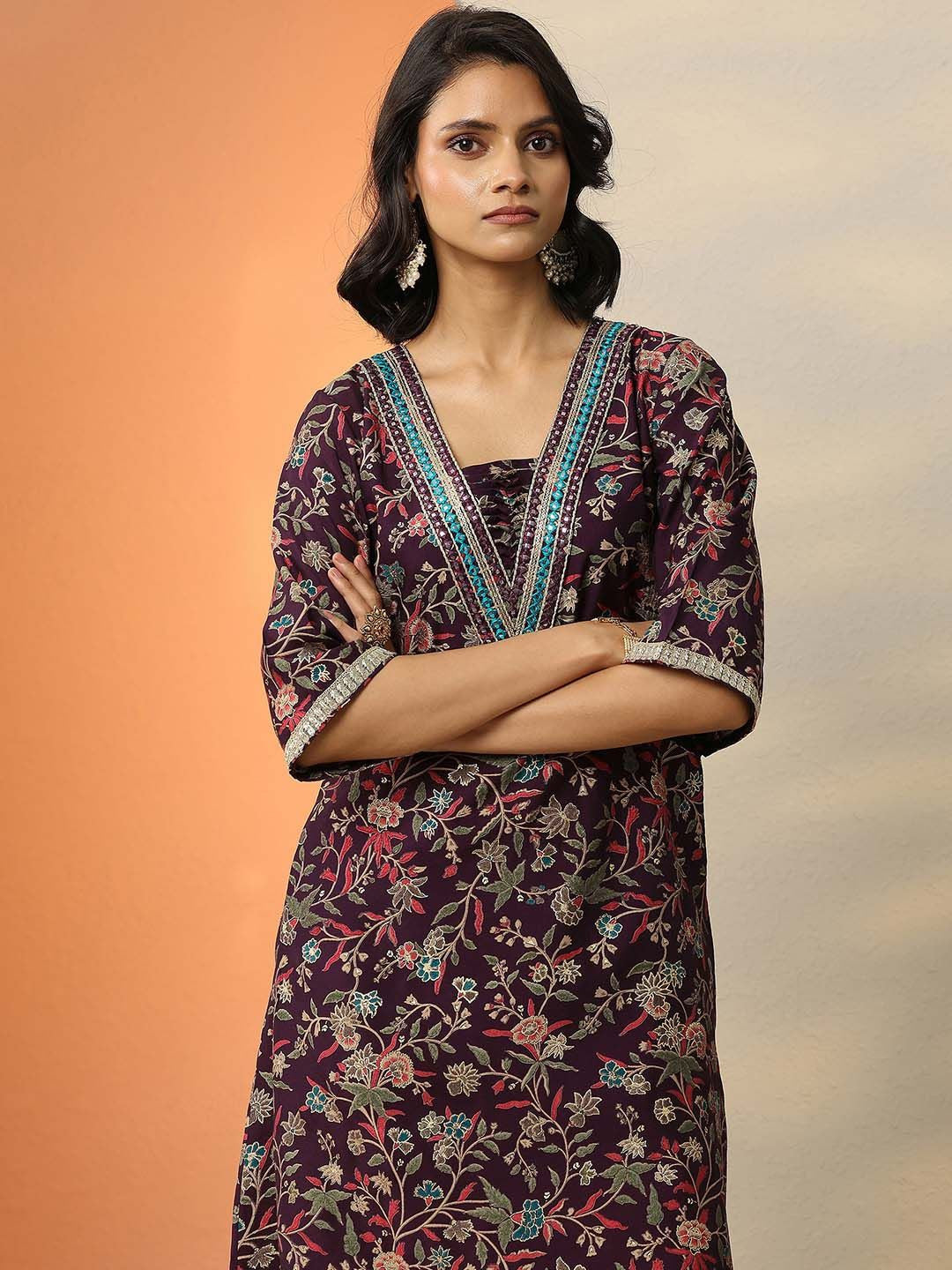 Women Floral Printed Regular Mirror Work Kurta with Salwar & With Dupatta