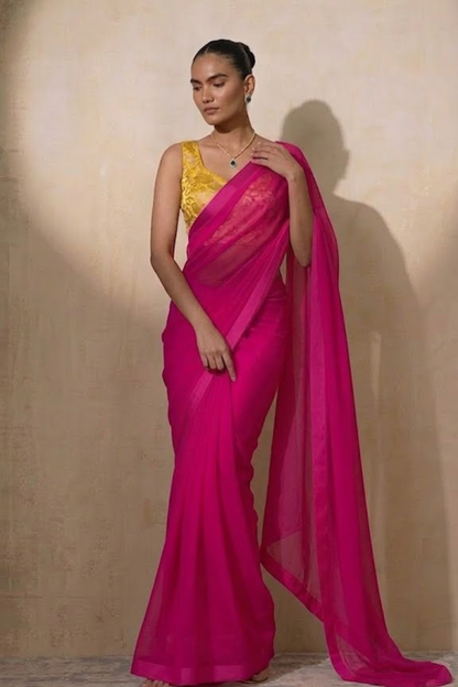 Dhiyona ST With Stitched Blouse - Yellow Brocade Blouse with Pink Chiffon Saree (Blouse has sleeve attached)