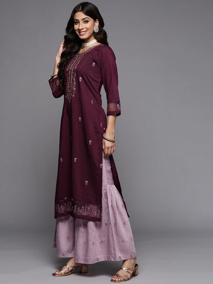 Dhiyona VA Floral Embroidered Thread & Sequin Work Straight Kurta with Sharara & Dupatta